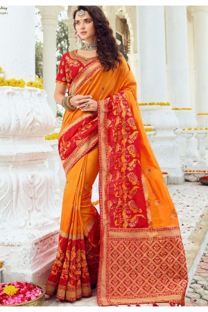 orange red art silk traditional saree 10028