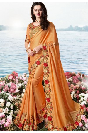 peach satin silk heavy embroidered saree 6209