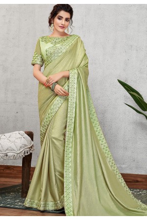 pista green satin silk embroidered saree 11404