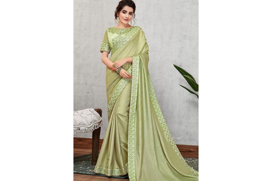 Light Pista Embroidered Silk Wedding Wear Saree