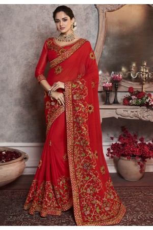 red art silk embroidered party wear saree 2161