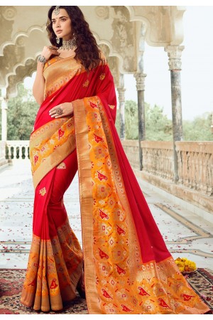 red orange art silk traditional saree 10033