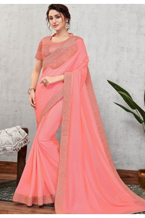 traditional pink silk with cord embroidered saree 11403