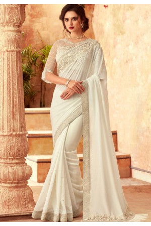 white art silk embroidered bordered saree 24012