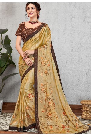 yellow silk georgette printed embroidered saree 11414