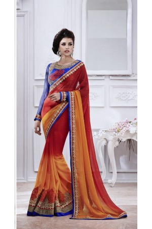 Party-wear-Orange-Red-Blue-color-saree