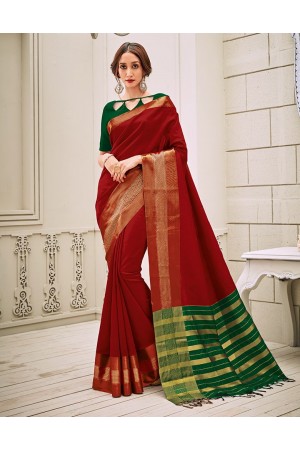 Aamilah Currant Red Festive wear cotton saree