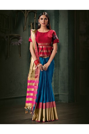 Amani Peacock Blue Wedding Wear Cotton Saree