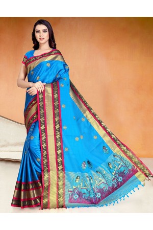 Chaitra Kala Peacock Blue Cotton Saree