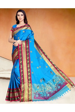 Chaitra Kala Peacock Blue Cotton Saree