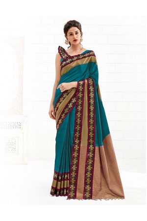 Chaitra Peacock Blue Festive Wear Cotton Saree