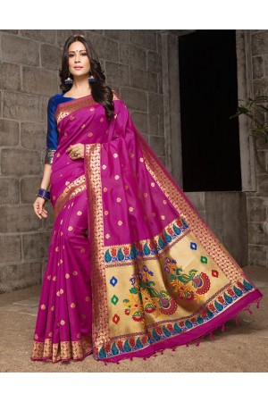 Mayil Weaved Floral Motif Rani Pink Saree