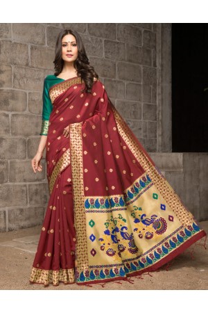 Mayil Weaved Floral Motif Red Saree