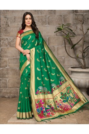 Mayil Weaved Peacock Motif Garnet Green Saree