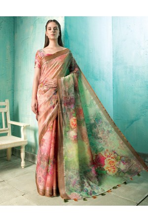 Neisha Coral Orange Linen Printed Saree