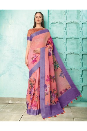 Neisha Fuschia Pink Linen Printed Saree