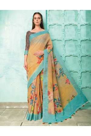 Neisha Golden Orange Linen Printed Saree