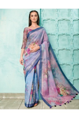 Neisha Iris Purple Linen Printed Saree