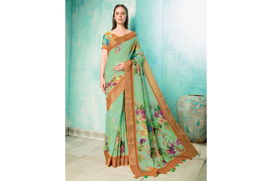 Esha green linen saree