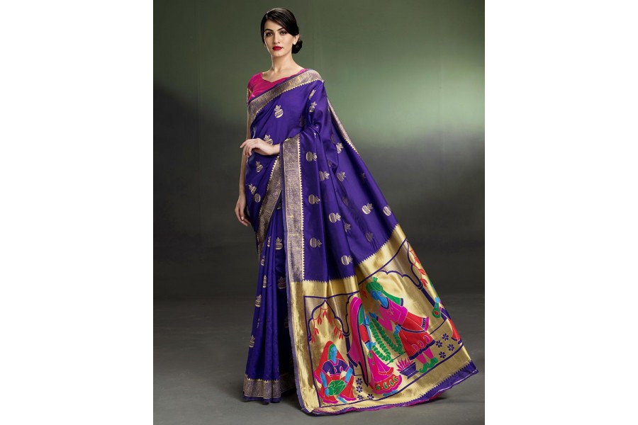 Regal Kalash Motif Royal Blue Saree