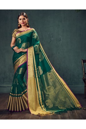 Swarna Karini Tender Green Festive Wear Cotton Saree