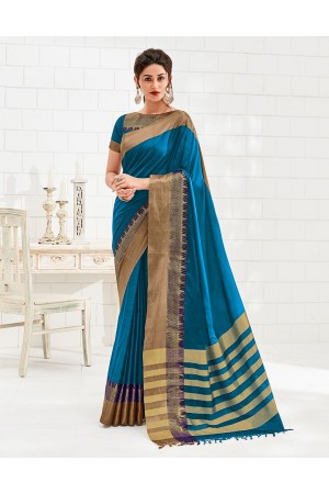 Yalina Peacock Blue Cotton Saree