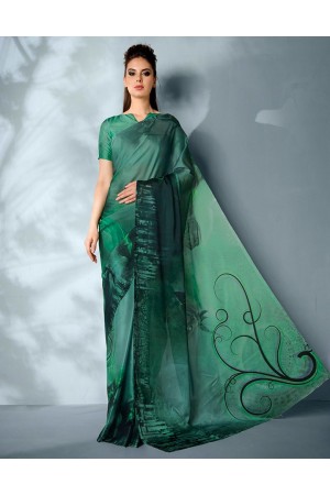 Ziva Digital Printed Emerald Green Saree
