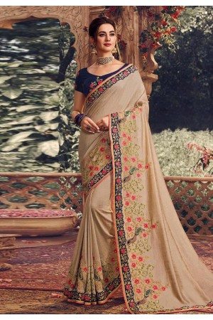 Beige silk embroidered party wear saree 1072