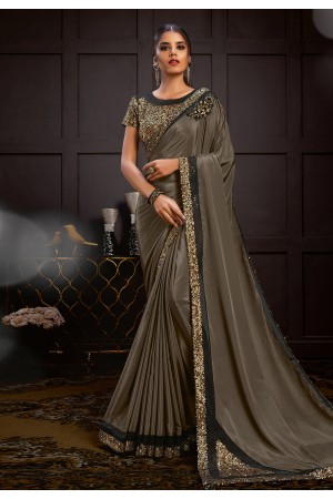 Brown satin georgette sequins work party wear saree 21210