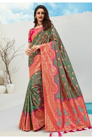 Green banarasi silk saree with blouse 10093
