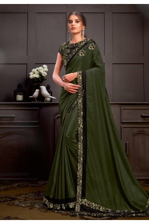 Green silk georgette sequins work party wear saree 21212