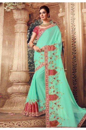 Light green silk embroidered festival wear saree 1074