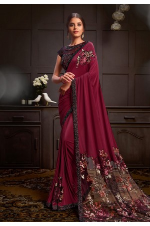 Maroon lycra sequins work saree 21204