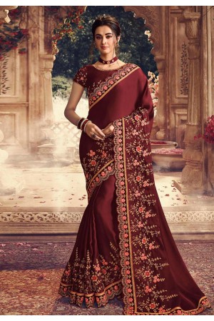 Maroon satin silk embroidered party wear saree 1064