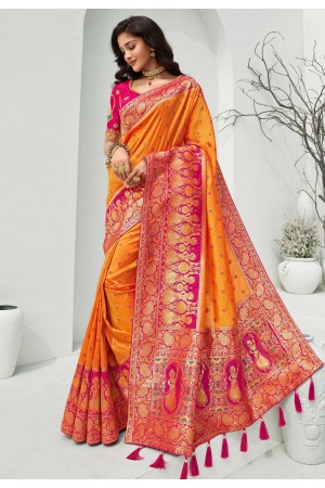 Orange banarasi silk saree with blouse 10090