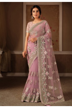 Pink net party wear saree 21304