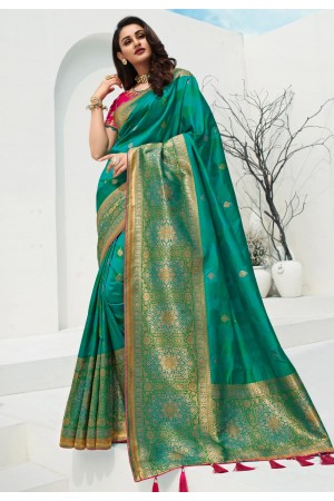 Teal banarasi silk saree with blouse 10091