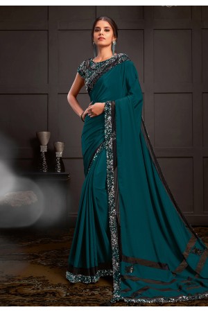 Teal silk georgette sequins work saree 21206