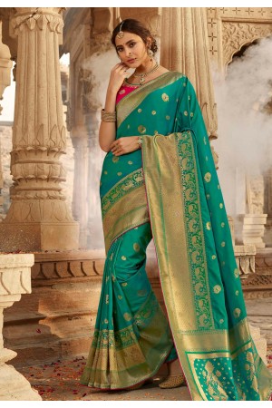 Teal silk saree with blouse 13337