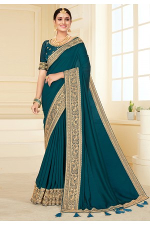 Teal silk saree with blouse 1708