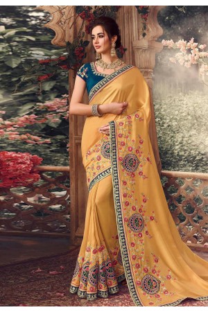 Yellow silk embroidered party wear saree 1069