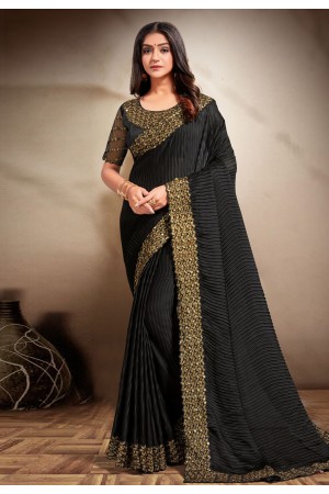 Black satin silk saree with blouse 354D