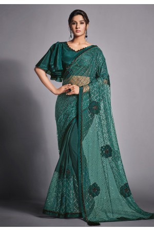 Green lycra net festival wear saree 41809