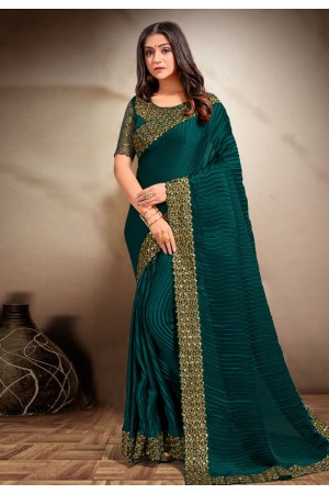 Green satin silk festival wear saree 354C