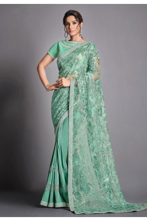 Light green lycra net party wear saree with blouse 41816