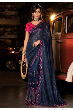 Navy blue silk saree with blouse 6009
