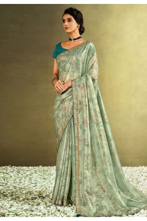 Sea green tissue festival wear saree 21906