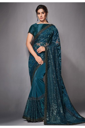 Teal lycra net festival wear saree 41813