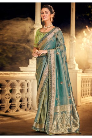 Turquoise silk saree with blouse 1509