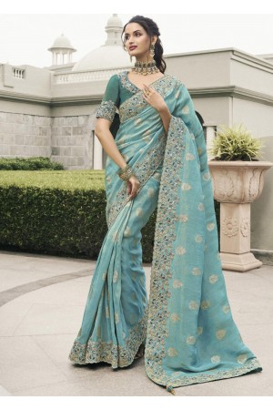 Cyan green Pure tissue silk wedding saree with blouse 4002